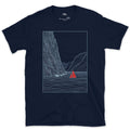 Small Against the Mountain Fjord, Red Sailboat design on a Navy Gildan Softstyle t-shirt