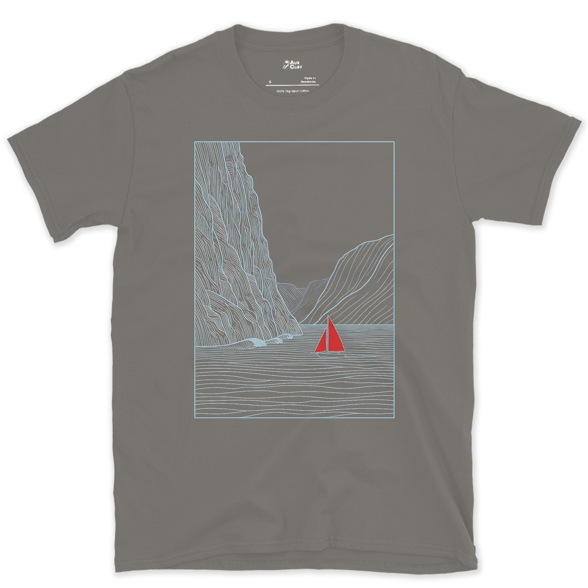 Small Against the Mountain Fjord, Red Sailboat design on a Charcoal Gildan Softstyle t-shirt