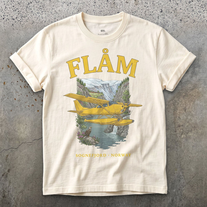 Flam Bush Plane design on a Natural Gildan Softstyle t-shirt