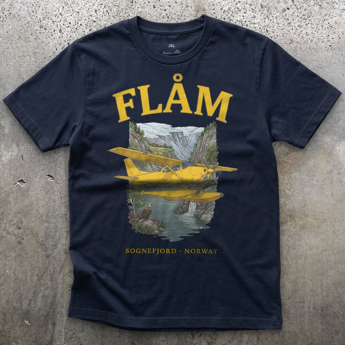 Flam Bush Plane design on a Navy Gildan Softstyle t-shirt