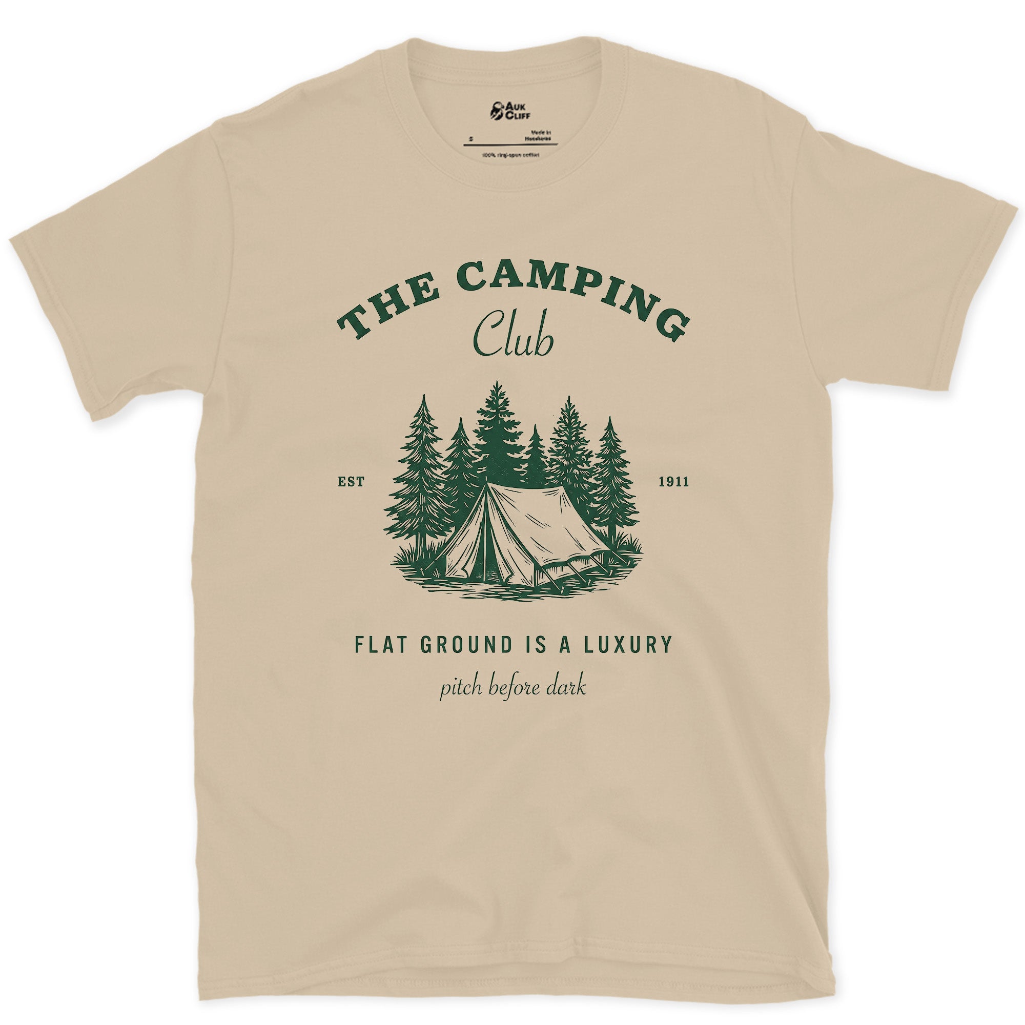 Flat Ground Is a Luxury, Camping Club Est 1911 design on a Sand Gildan Softstyle t-shirt