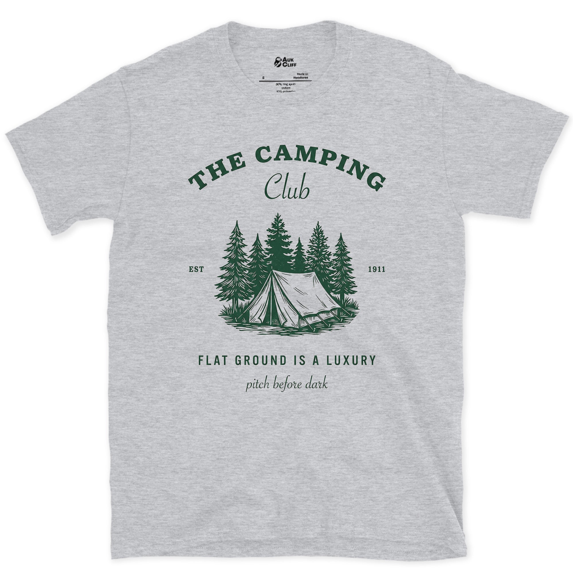 Flat Ground Is a Luxury, Camping Club Est 1911 design on a Sport Grey Gildan Softstyle t-shirt