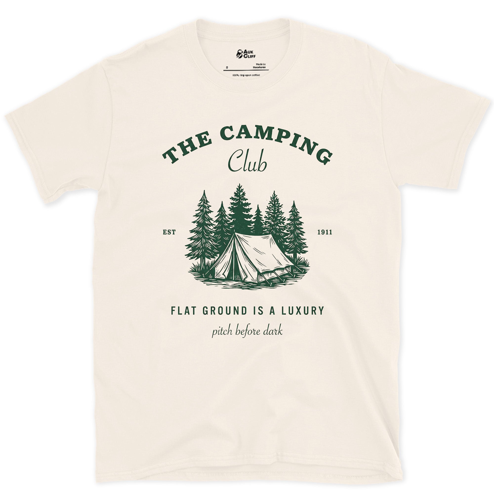 Flat Ground Is a Luxury, Camping Club Est 1911 design on a Natural Gildan Softstyle t-shirt