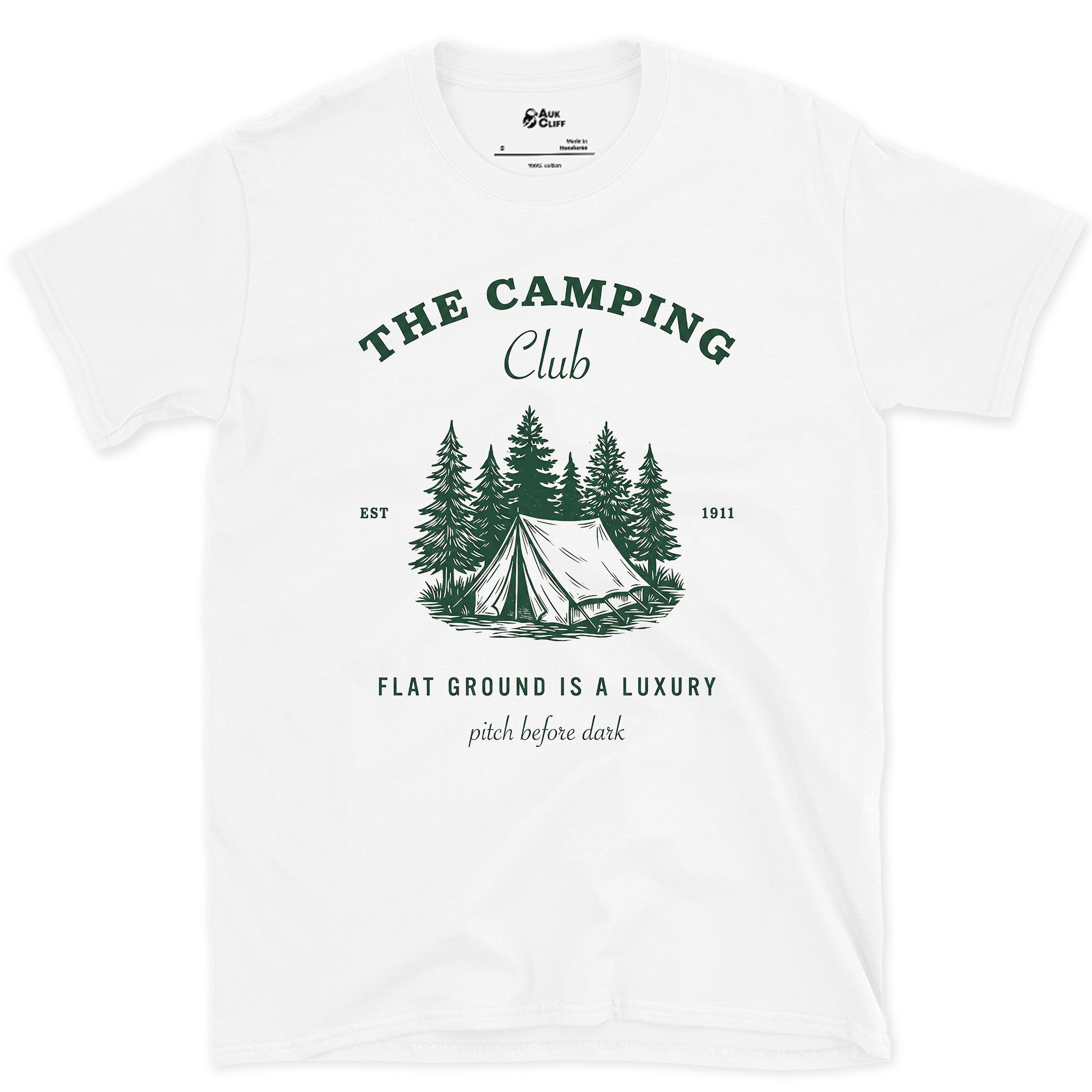 Flat Ground Is a Luxury, Camping Club Est 1911 design on a White Gildan Softstyle t-shirt