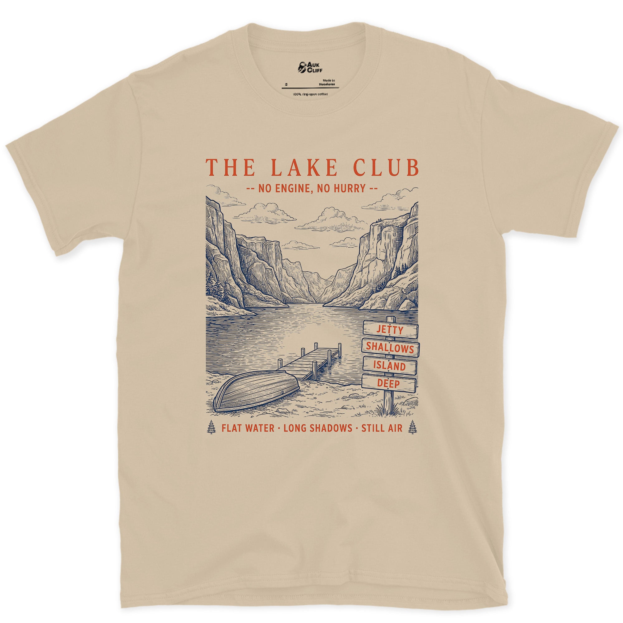 Flat Water, Long Shadows, Still Air design on a Sand Gildan Softstyle t-shirt