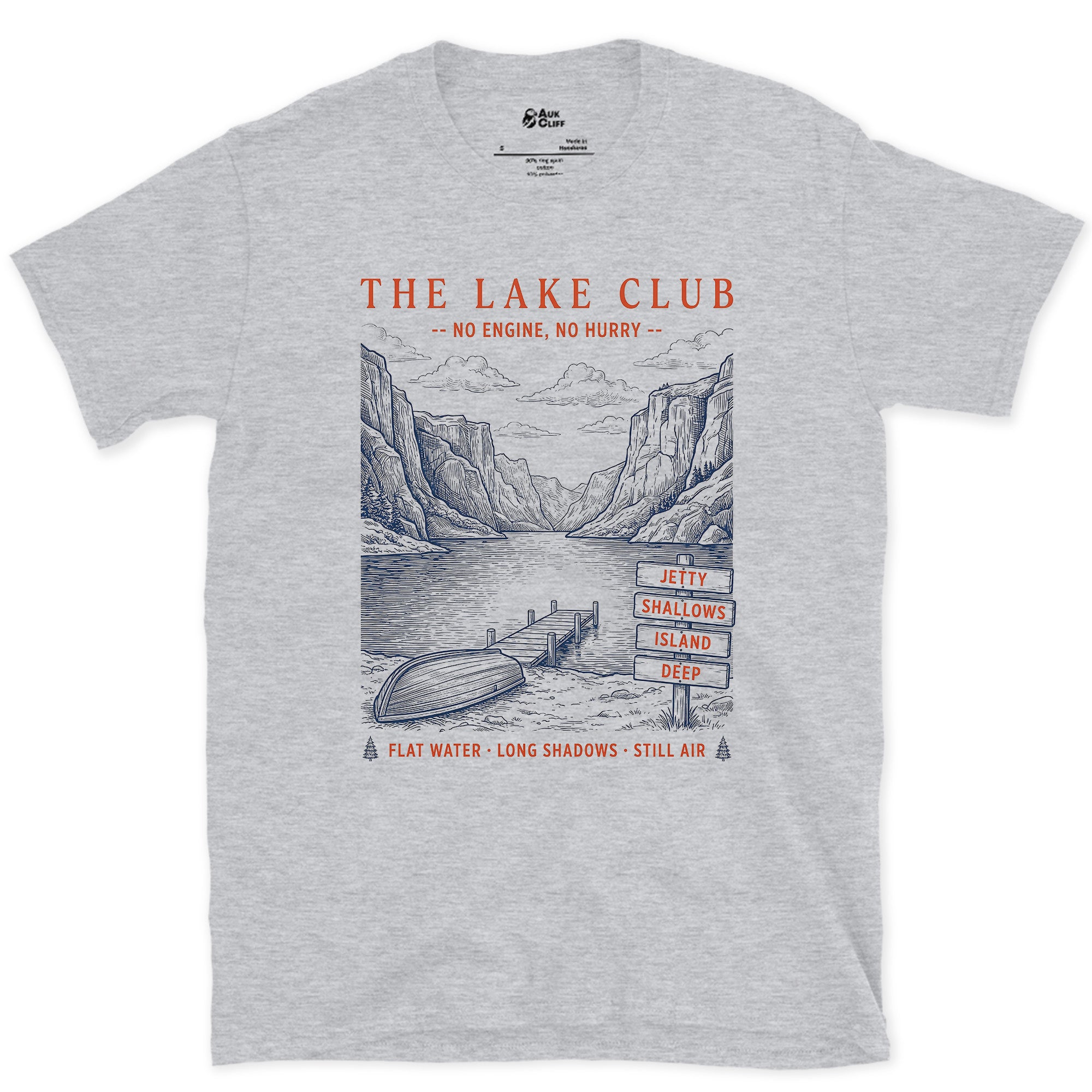 Flat Water, Long Shadows, Still Air design on a Sport Grey Gildan Softstyle t-shirt