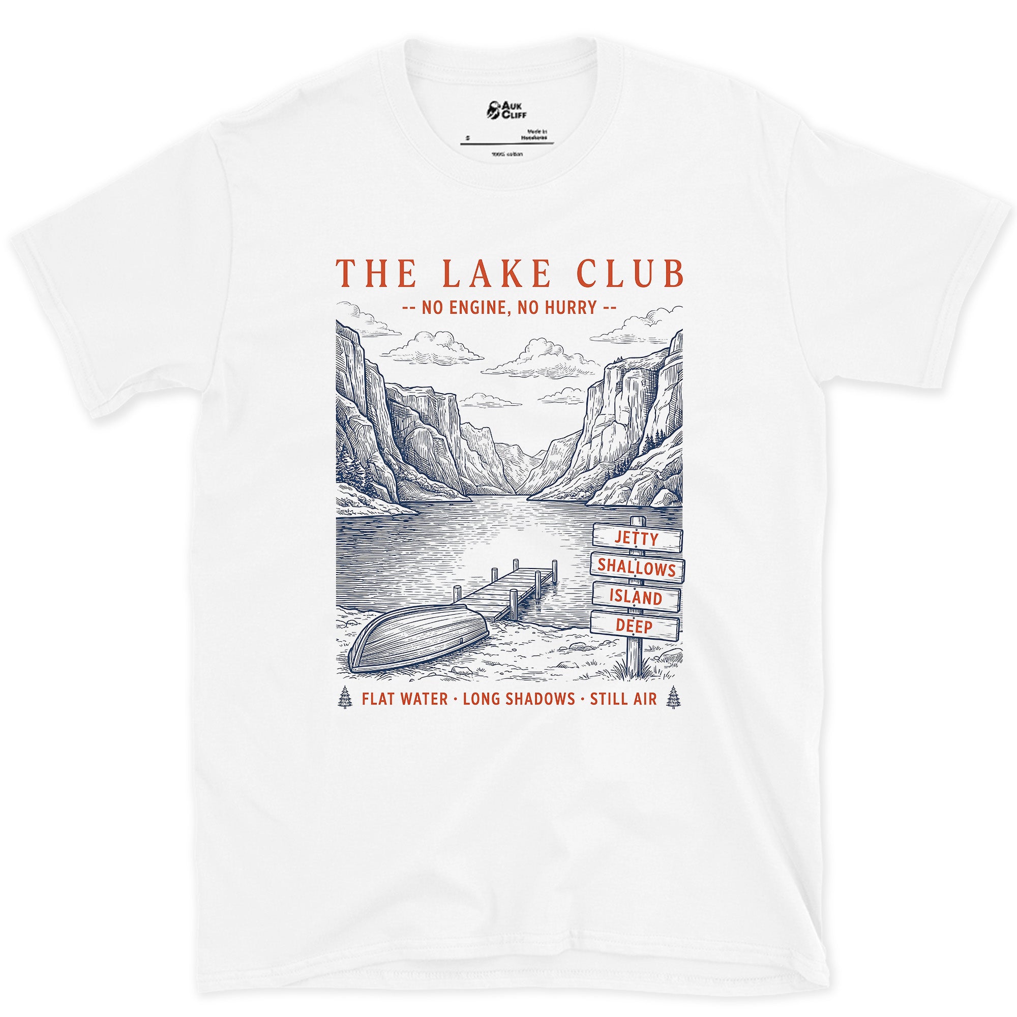 Flat Water, Long Shadows, Still Air design on a White Gildan Softstyle t-shirt