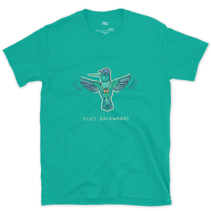 Flies Backwards, Hummingbird in a Cap design on a Jade Dome Gildan Softstyle t-shirt