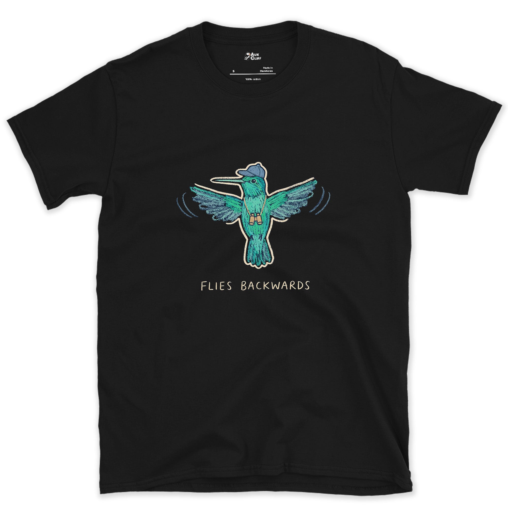 Flies Backwards, Hummingbird in a Cap design on a Black Gildan Softstyle t-shirt