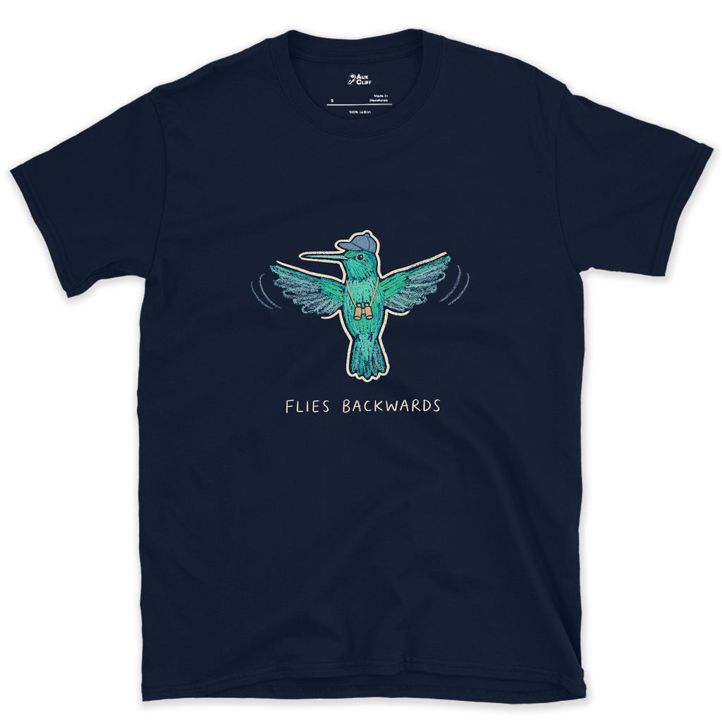 Flies Backwards, Hummingbird in a Cap design on a Navy Gildan Softstyle t-shirt