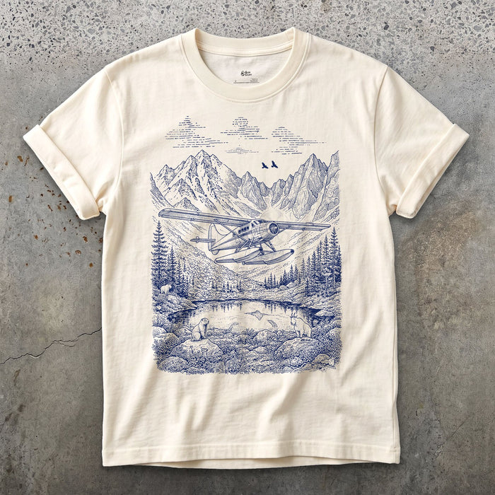 Float Plane, Alpine Tarn design on a Natural Gildan Softstyle t-shirt