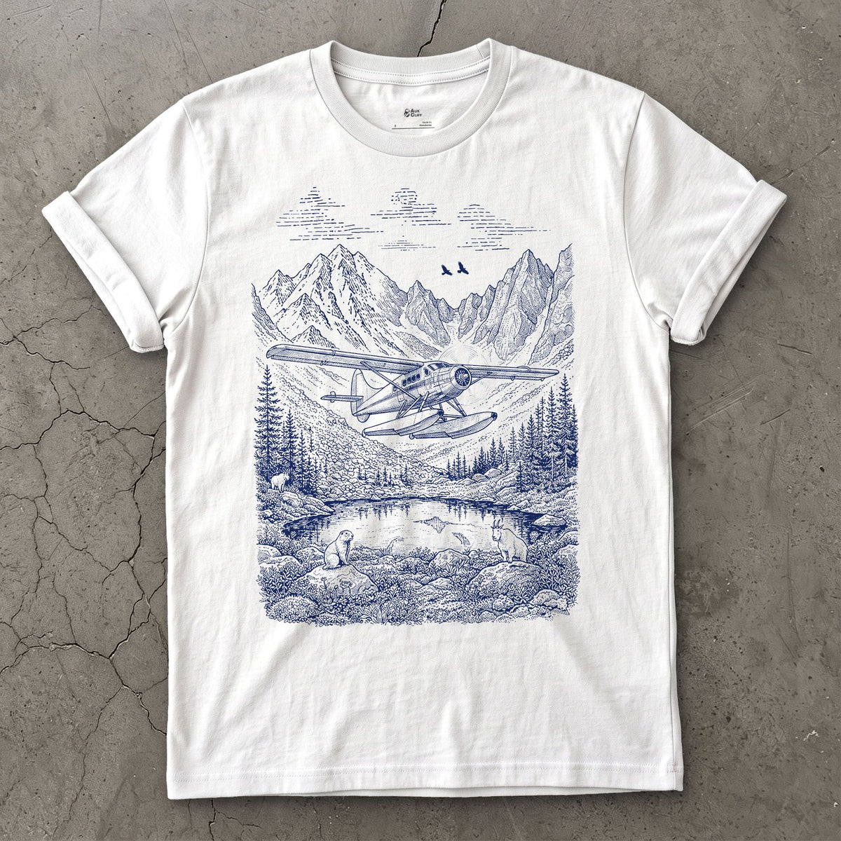 Float Plane, Alpine Tarn design on a White Gildan Softstyle t-shirt