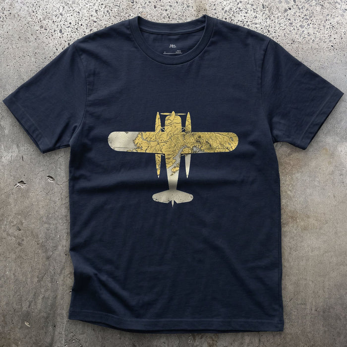 Float Plane Chart design on a Navy Gildan Softstyle t-shirt