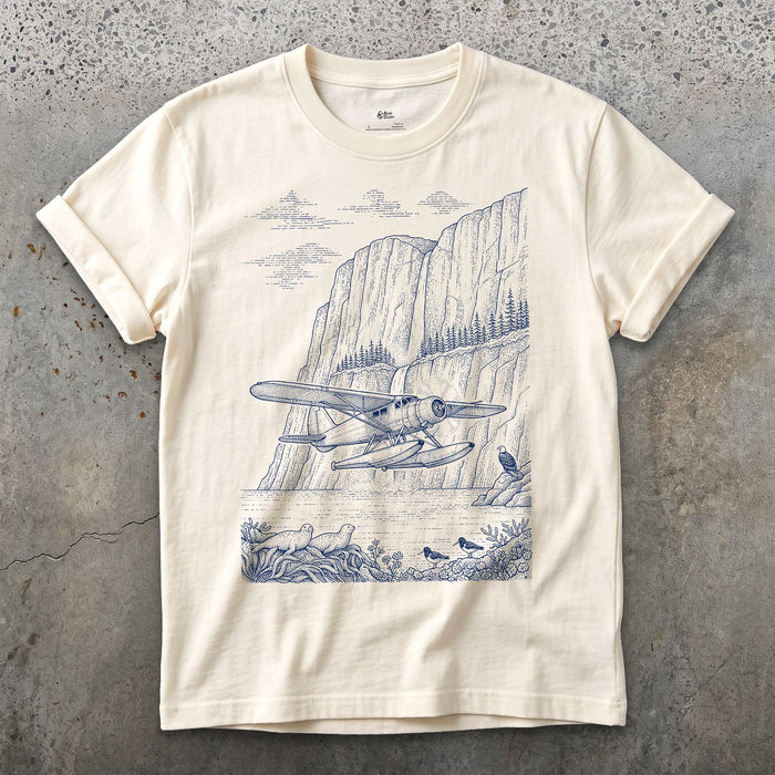Float Plane, Fjord Wall design on a Cornsilk Gildan Softstyle t-shirt