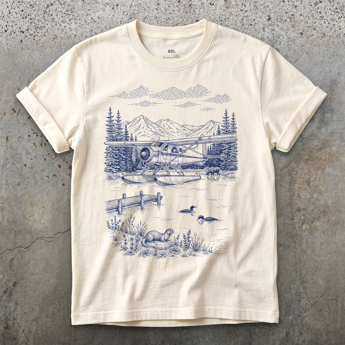 Float Plane at the Jetty design on a Natural Gildan Softstyle t-shirt