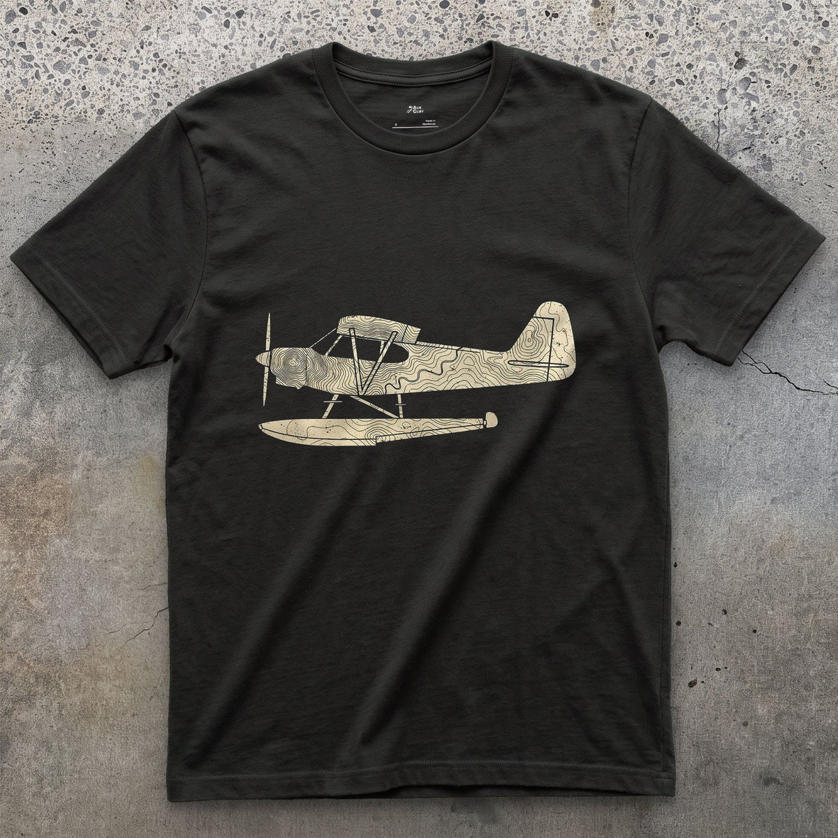 Float Plane in Contours design on a Black Gildan Softstyle t-shirt