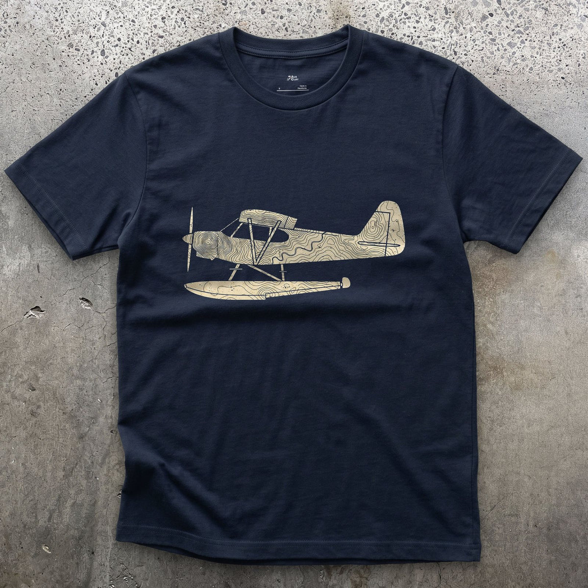 Float Plane in Contours design on a Navy Gildan Softstyle t-shirt