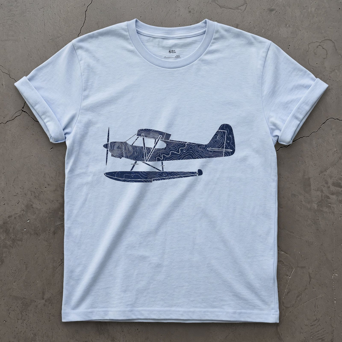 Float Plane in Contours design on a Light Blue Gildan Softstyle t-shirt