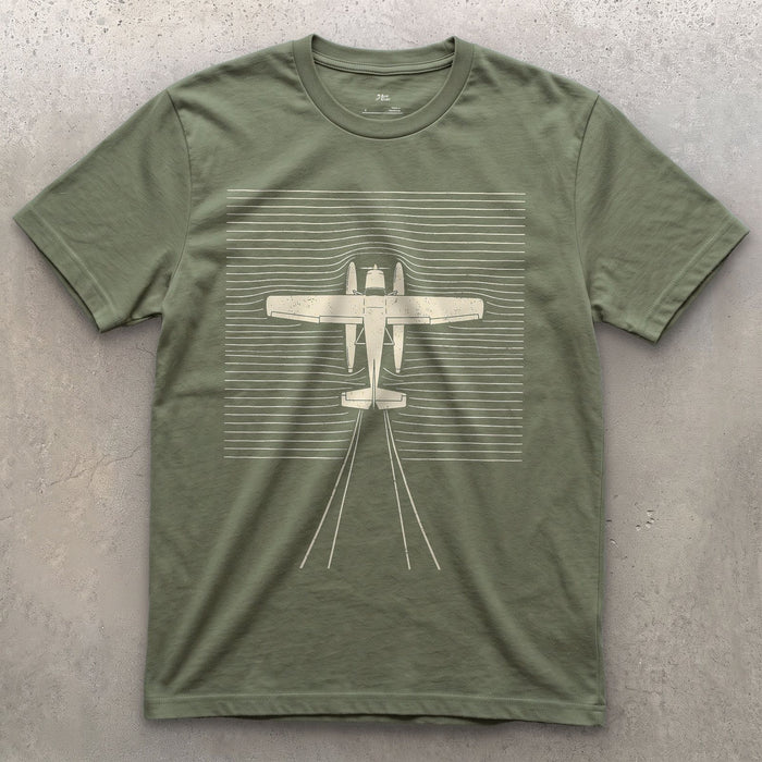 Float Plane of Ripples design on a Military Green Gildan Softstyle t-shirt