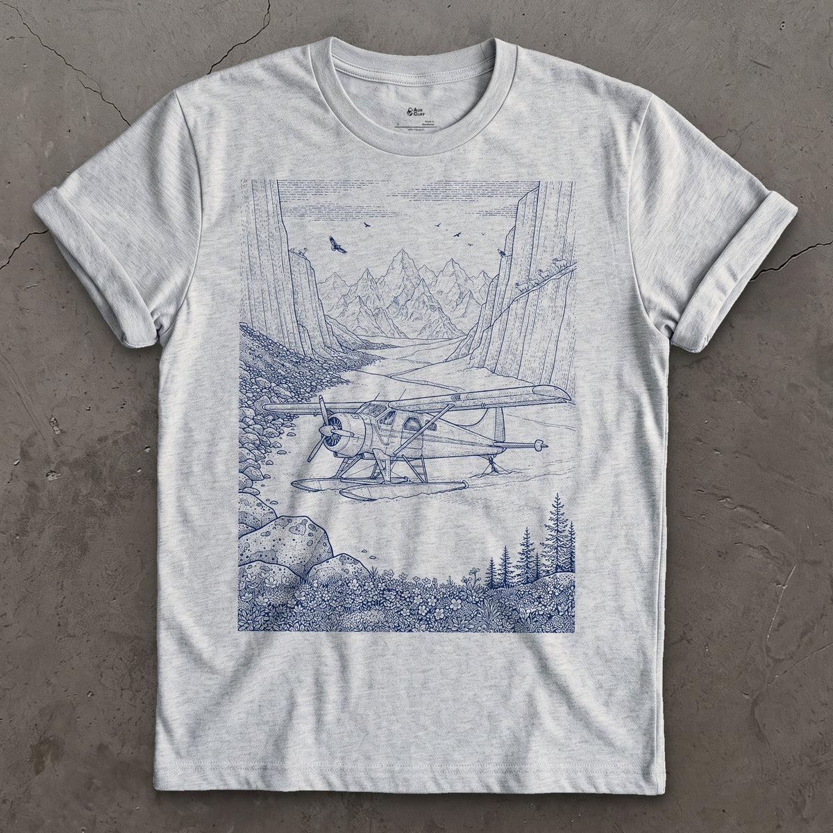 Float Plane on the Glacier design on a Sport Grey Gildan Softstyle t-shirt