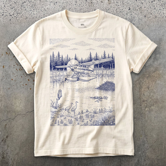 Float Plane on the Muskeg design on a Natural Gildan Softstyle t-shirt