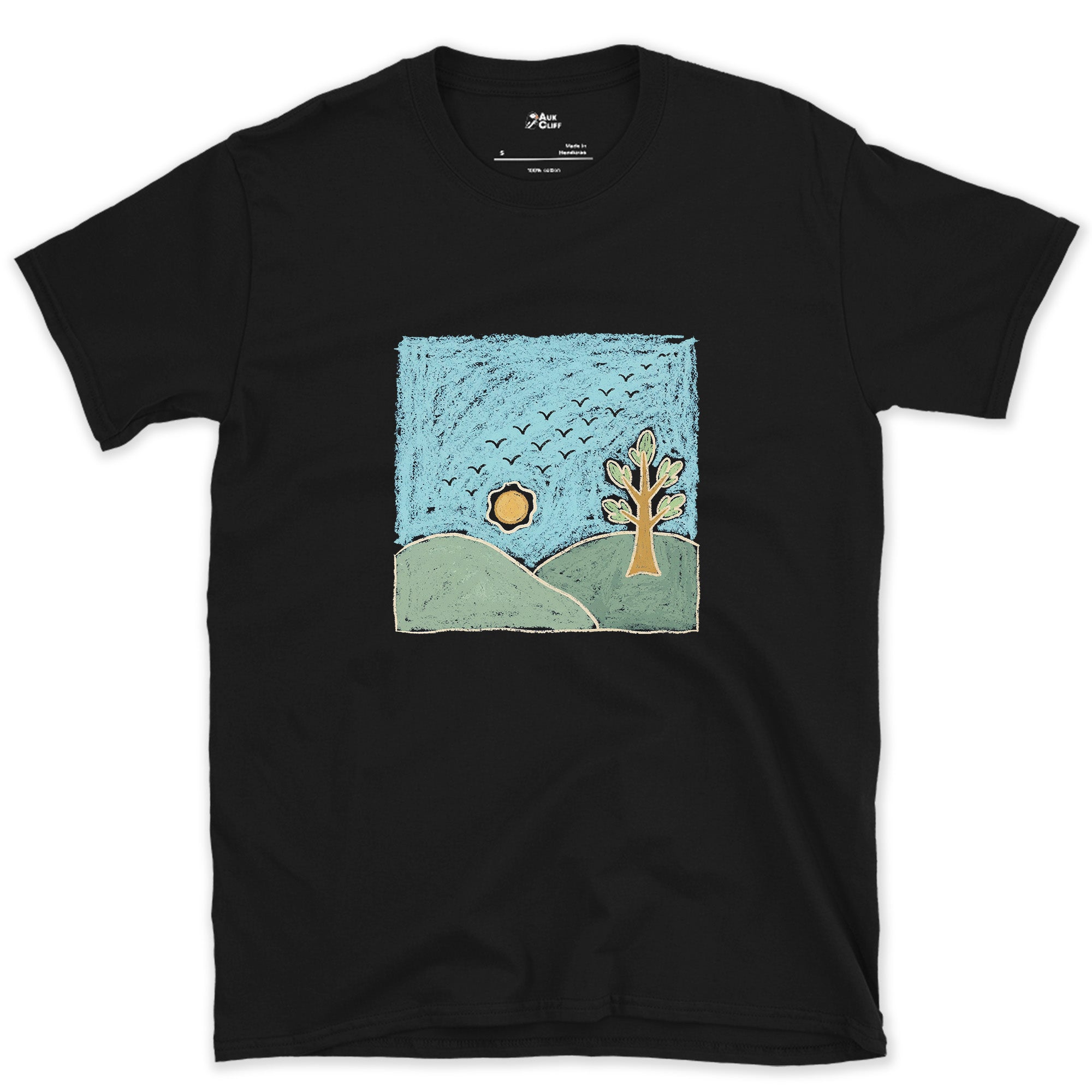 Flock Passing Through Quiet Hills design on a Black Gildan Softstyle t-shirt