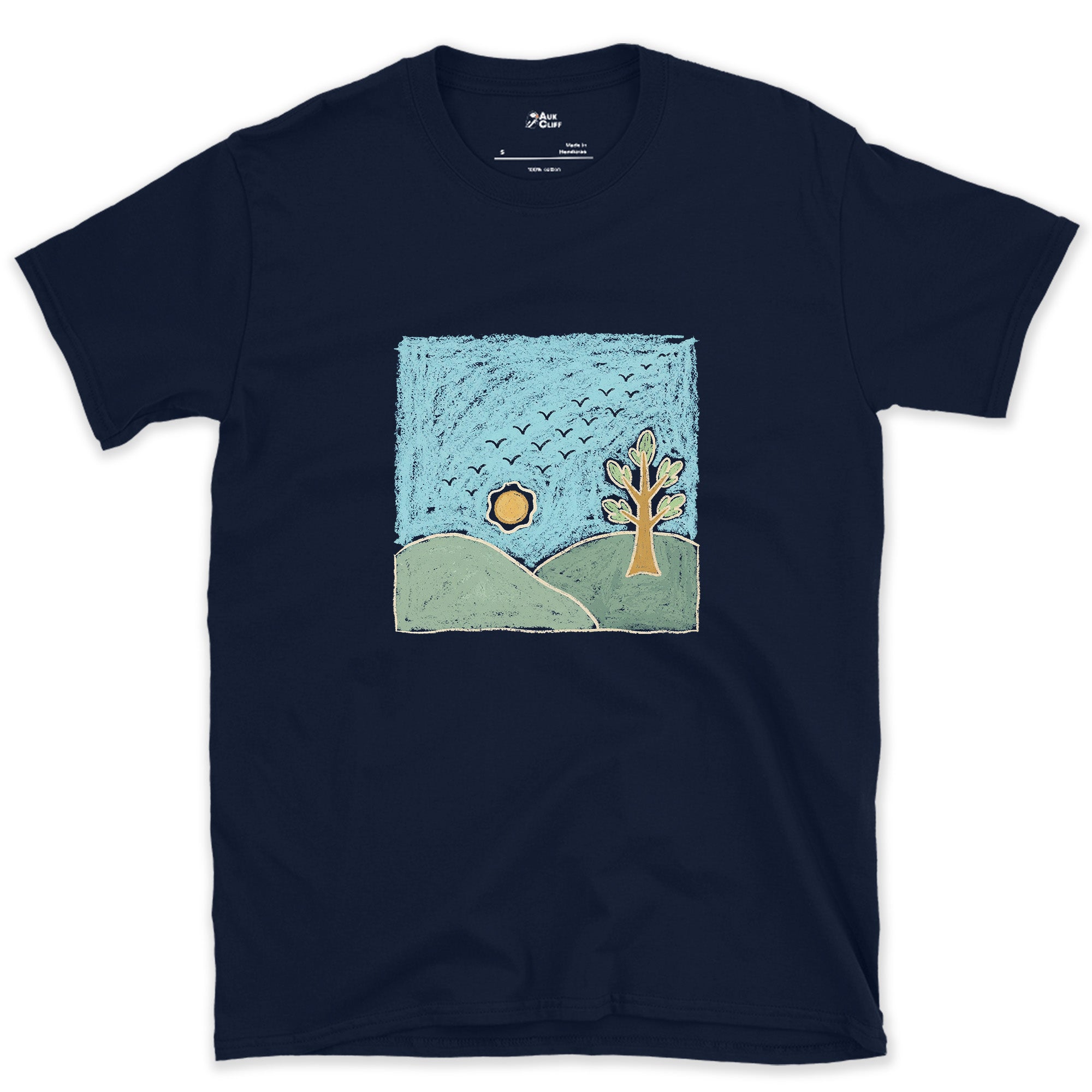 Flock Passing Through Quiet Hills design on a Navy Gildan Softstyle t-shirt