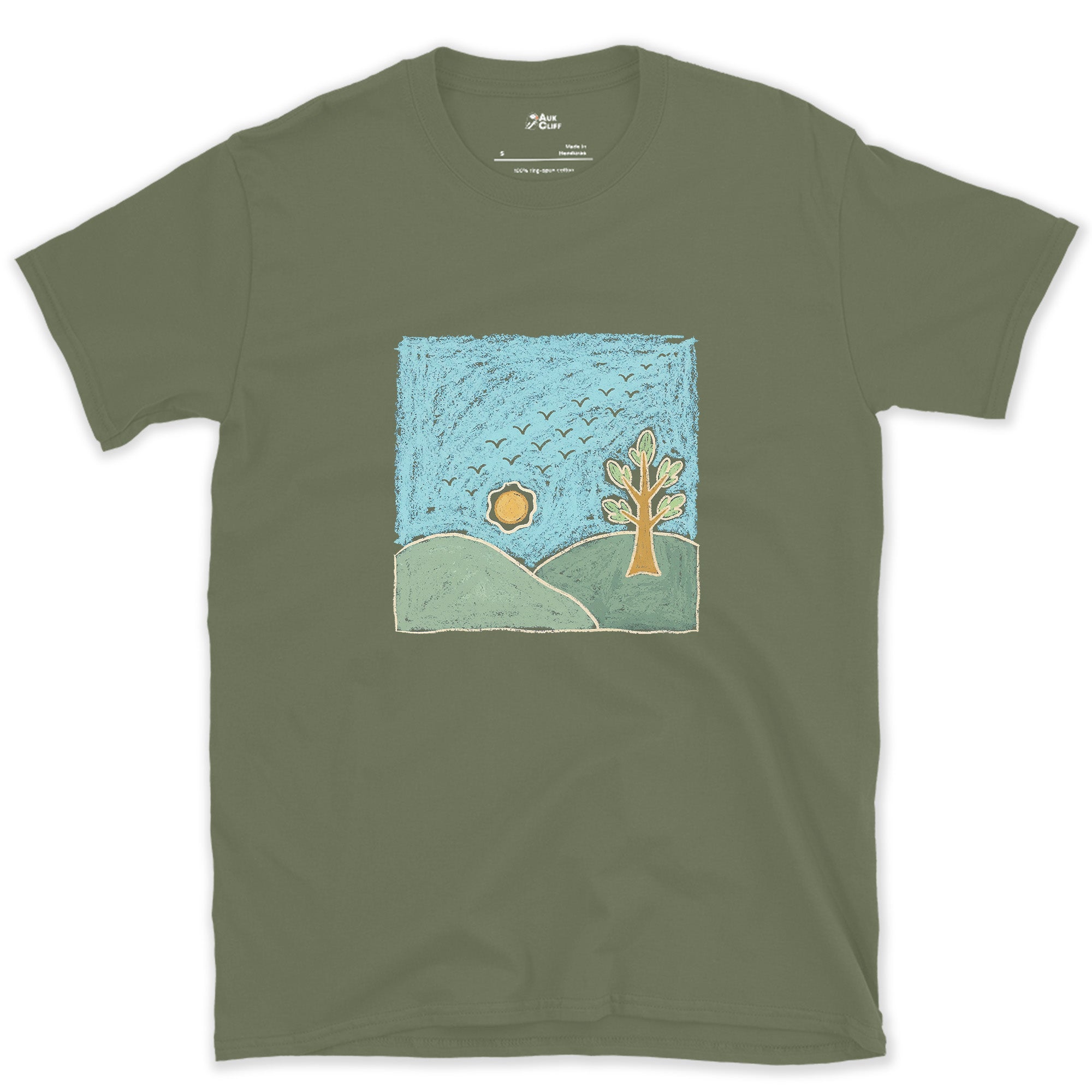 Flock Passing Through Quiet Hills design on a Military Green Gildan Softstyle t-shirt