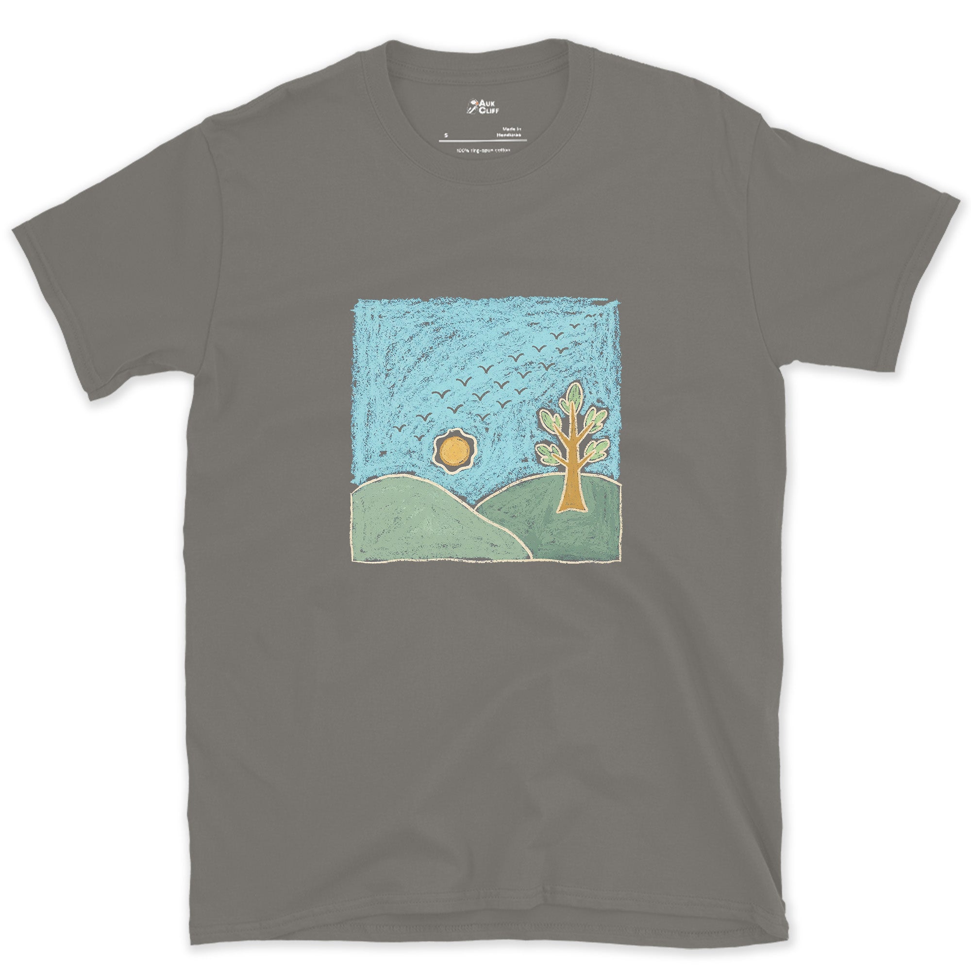 Flock Passing Through Quiet Hills design on a Charcoal Gildan Softstyle t-shirt