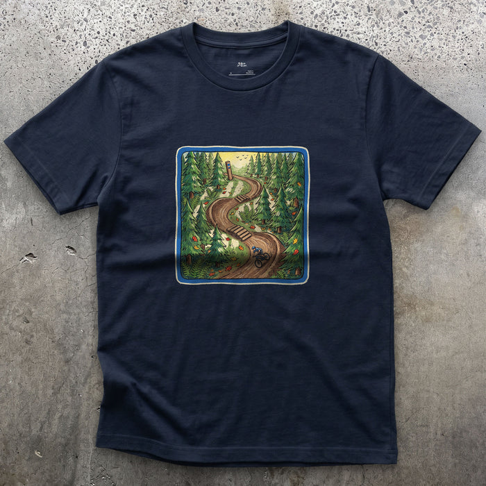 Flow Trail Behind the Blue Square design on a Navy Gildan Softstyle t-shirt