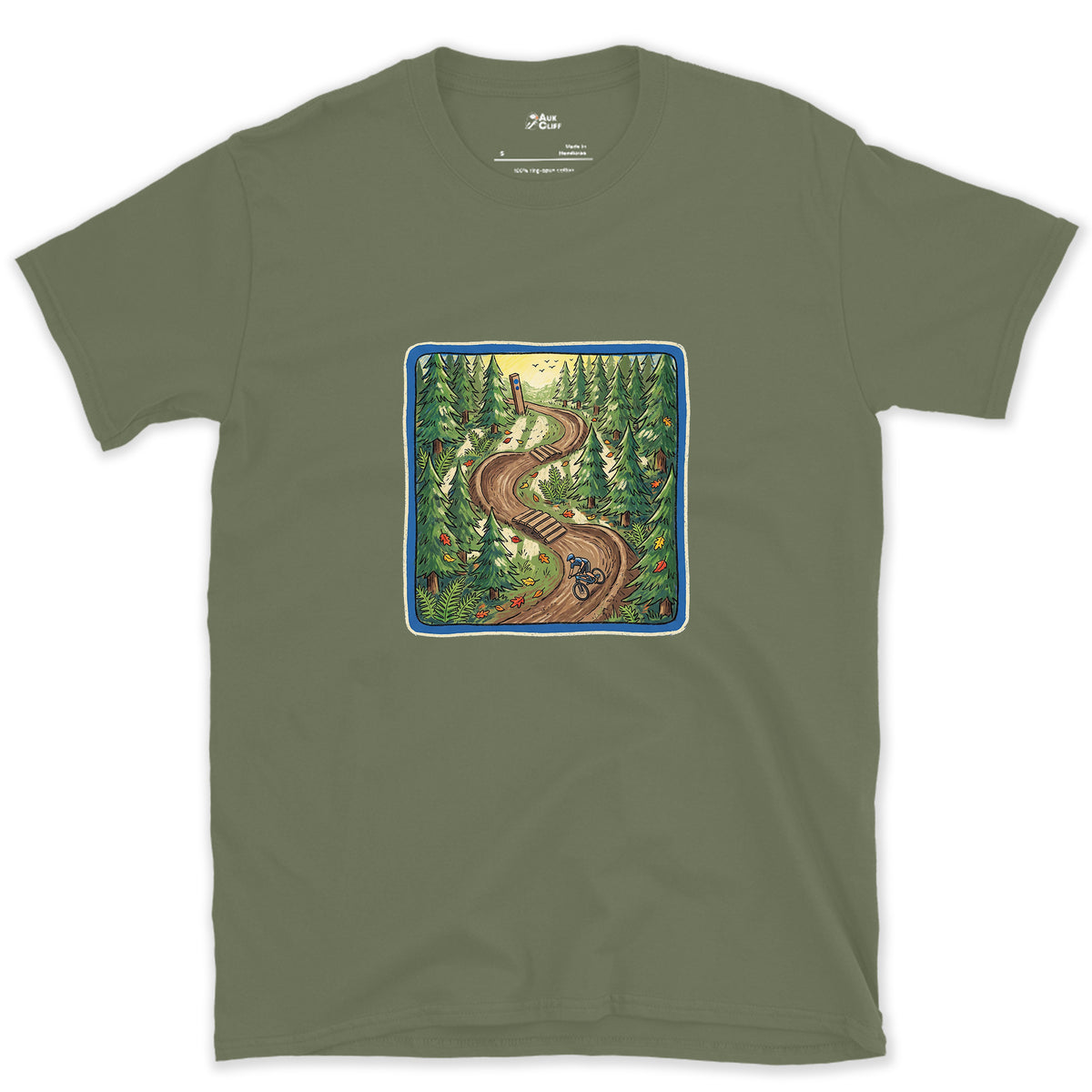 Flow Trail Behind the Blue Square design on a Military Green Gildan Softstyle t-shirt