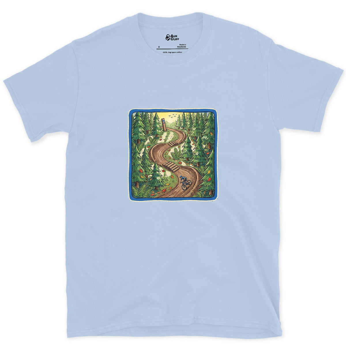 Flow Trail Behind the Blue Square design on a Light Blue Gildan Softstyle t-shirt