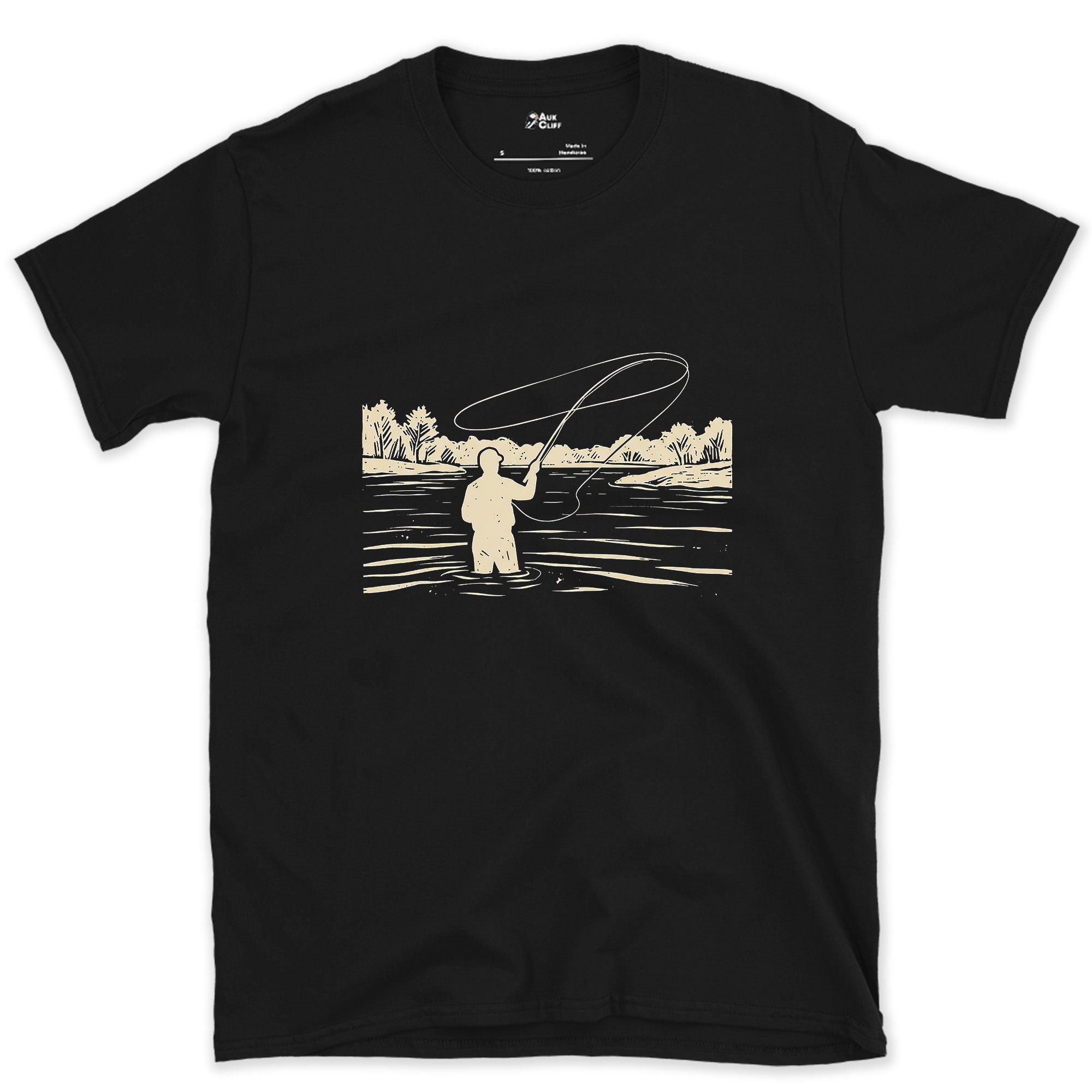 Chest-Deep and Still Casting, River Angler design on a Black Gildan Softstyle t-shirt