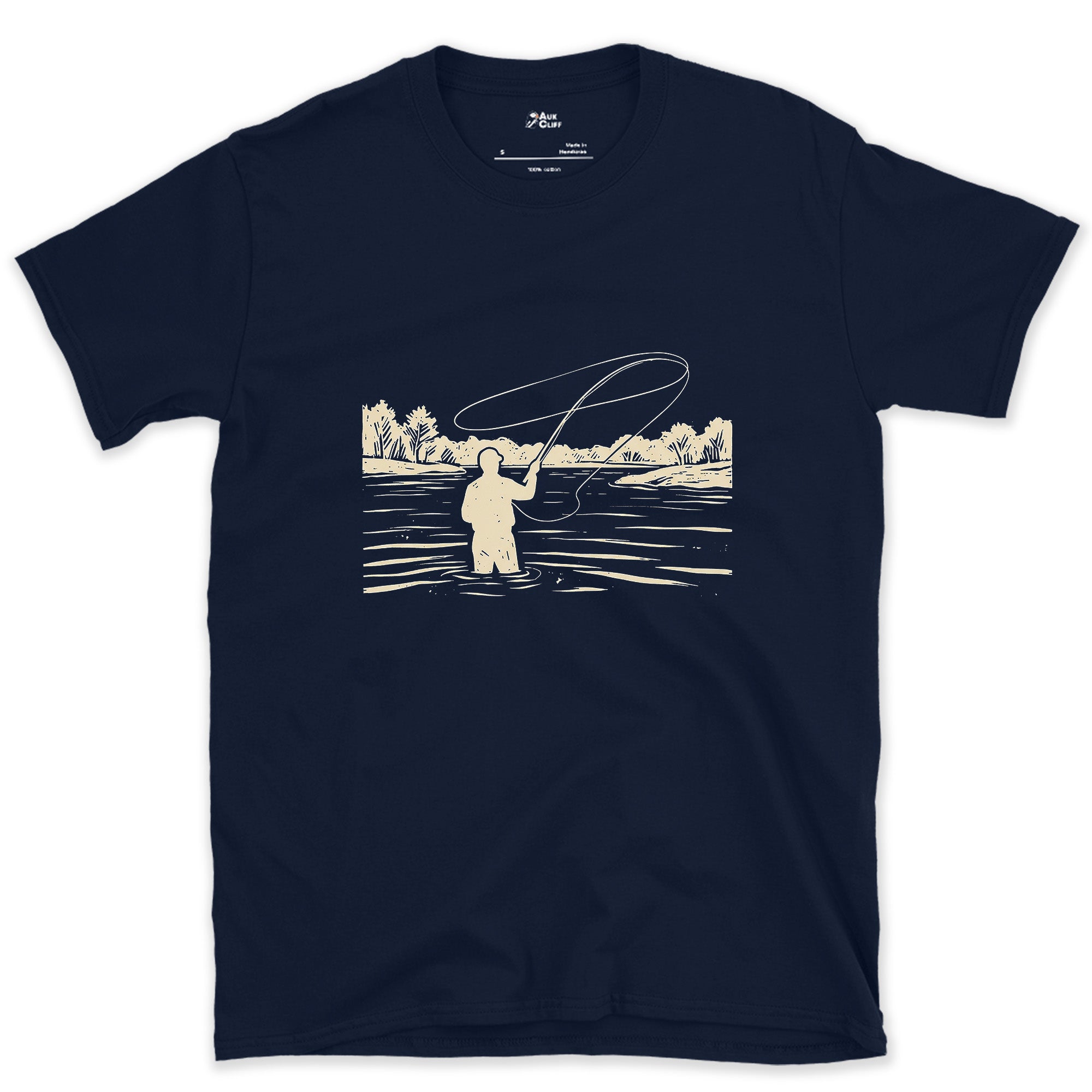 Chest-Deep and Still Casting, River Angler design on a Navy Gildan Softstyle t-shirt
