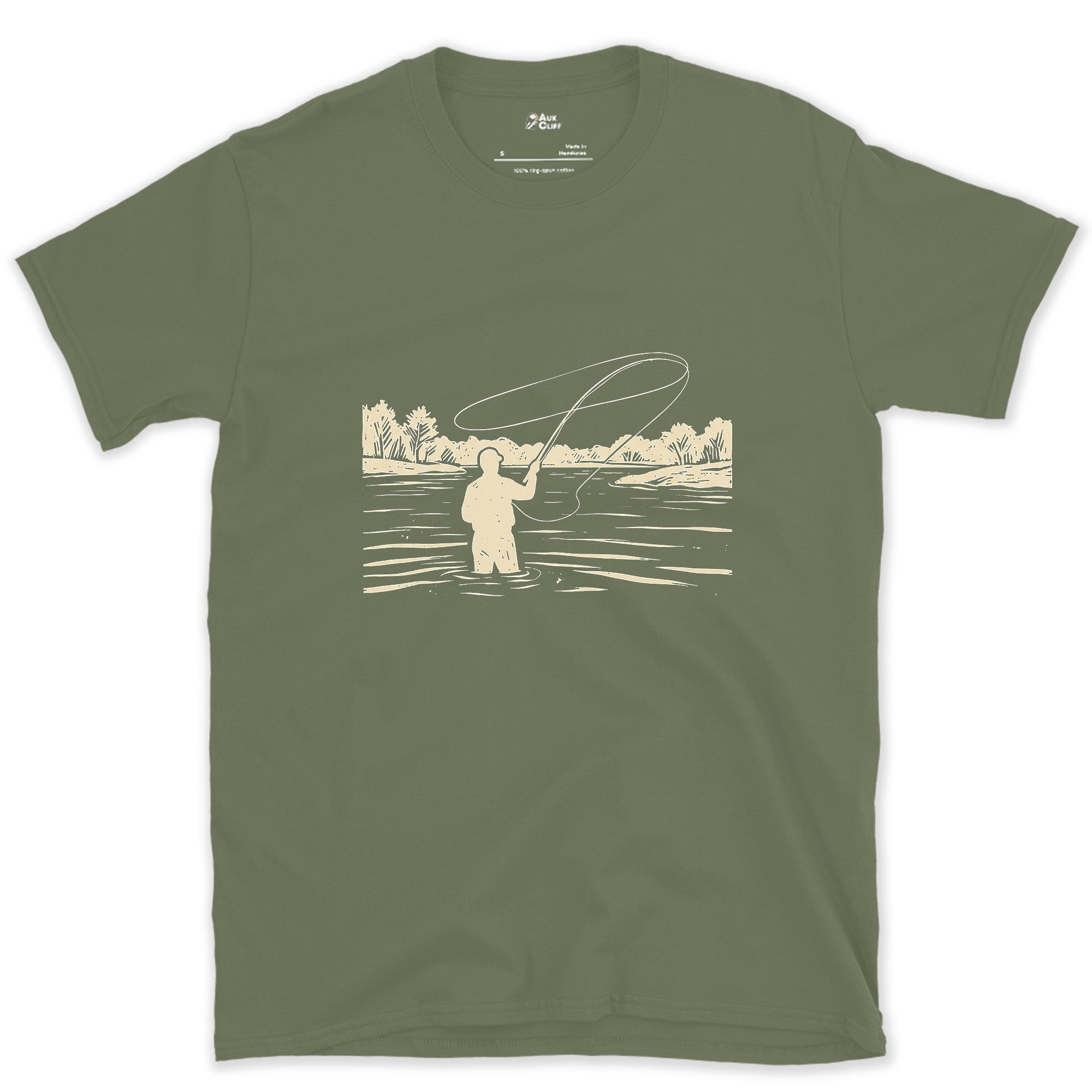 Chest-Deep and Still Casting, River Angler design on a Military Green Gildan Softstyle t-shirt