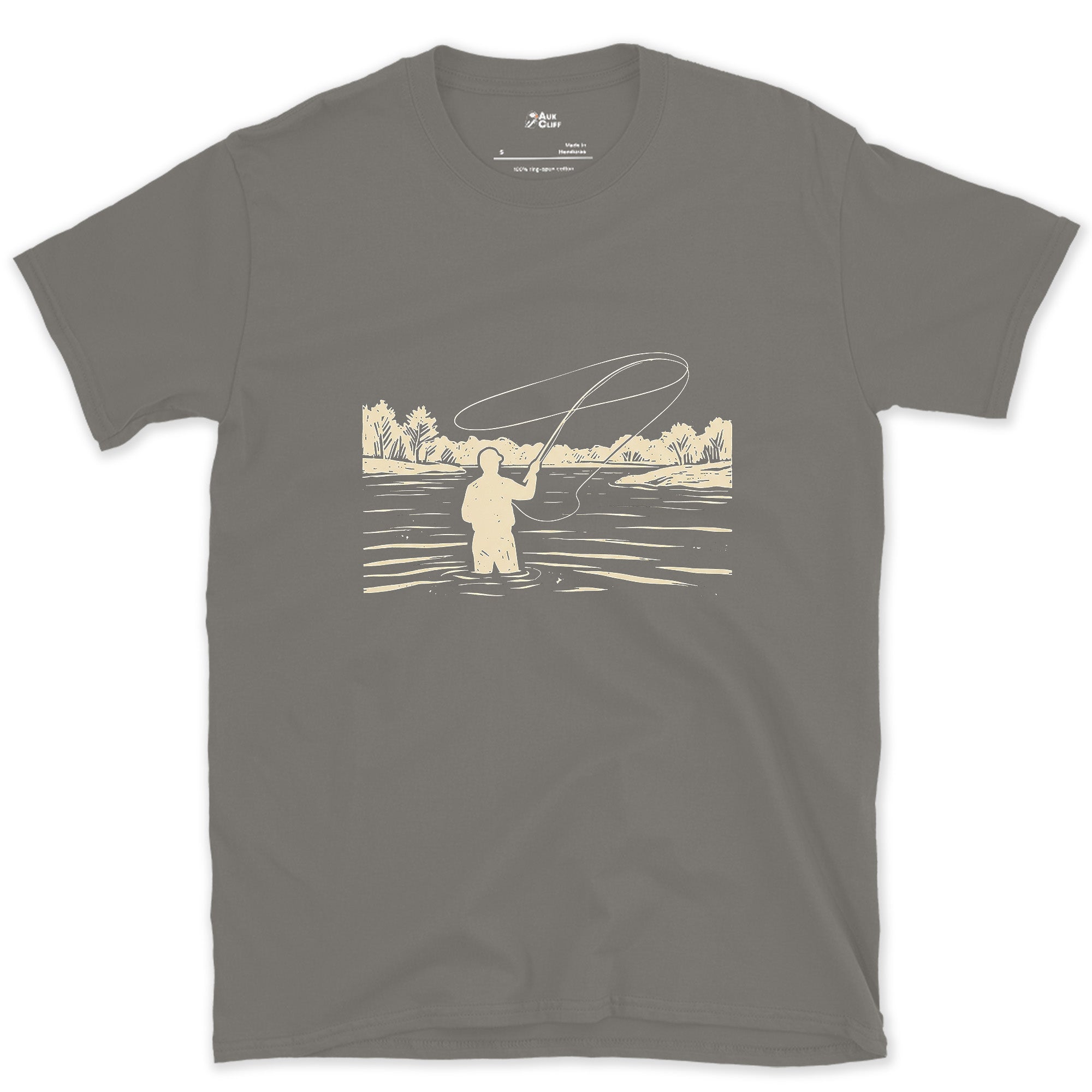 Chest-Deep and Still Casting, River Angler design on a Charcoal Gildan Softstyle t-shirt