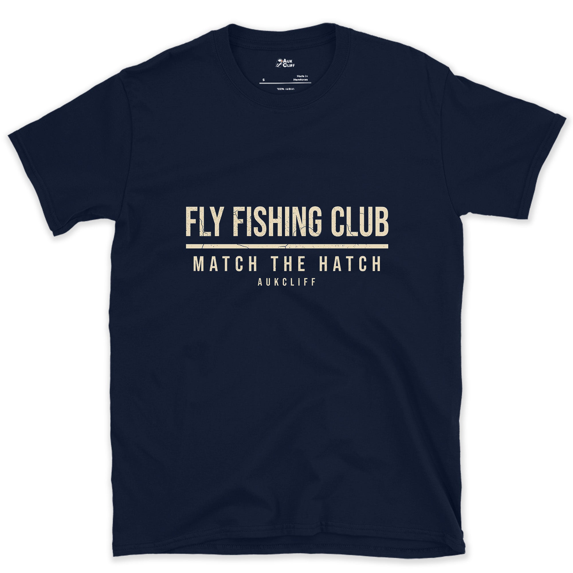 Match the Hatch, Fly Fishing Club design on a Navy Gildan Softstyle t-shirt