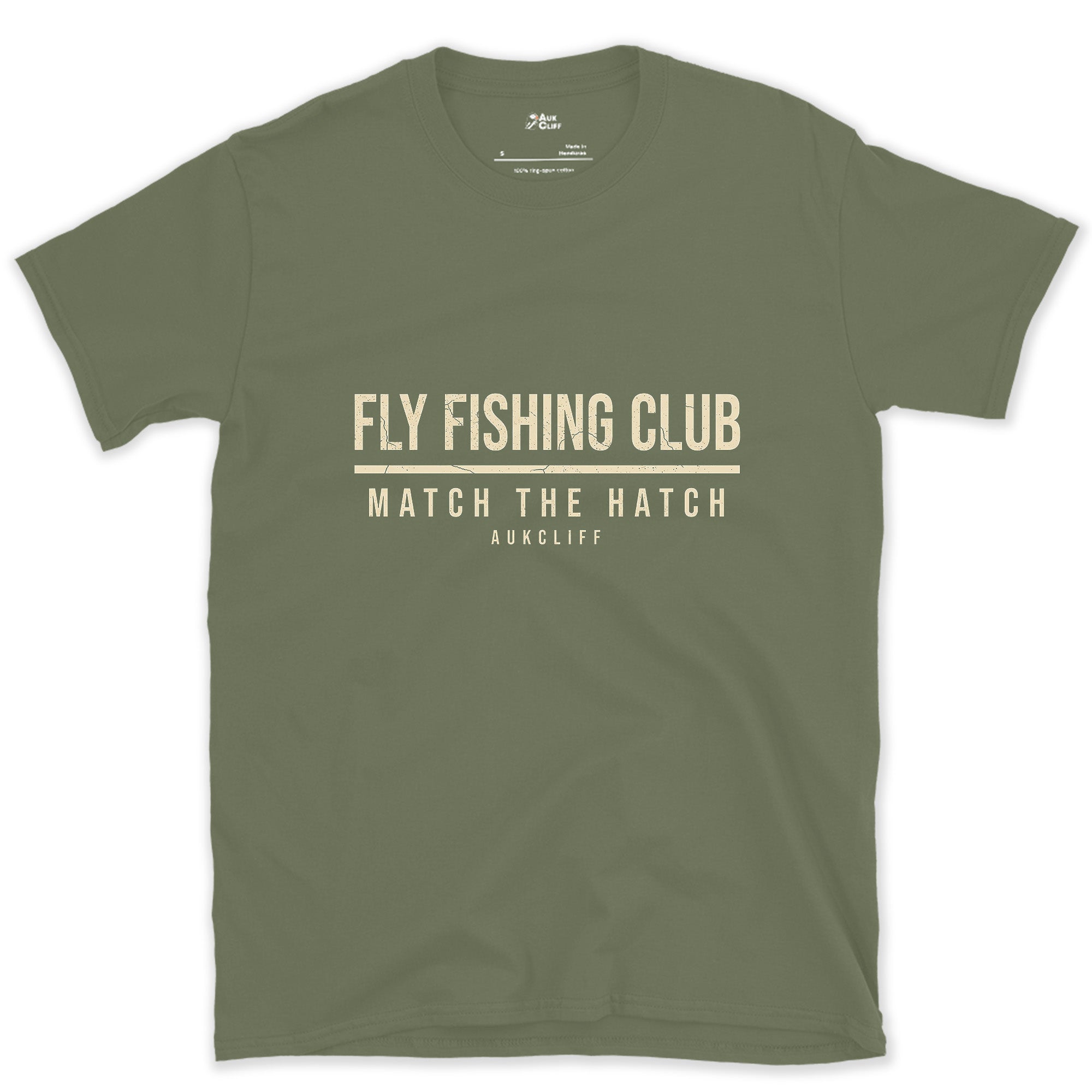 Match the Hatch, Fly Fishing Club design on a Military Green Gildan Softstyle t-shirt