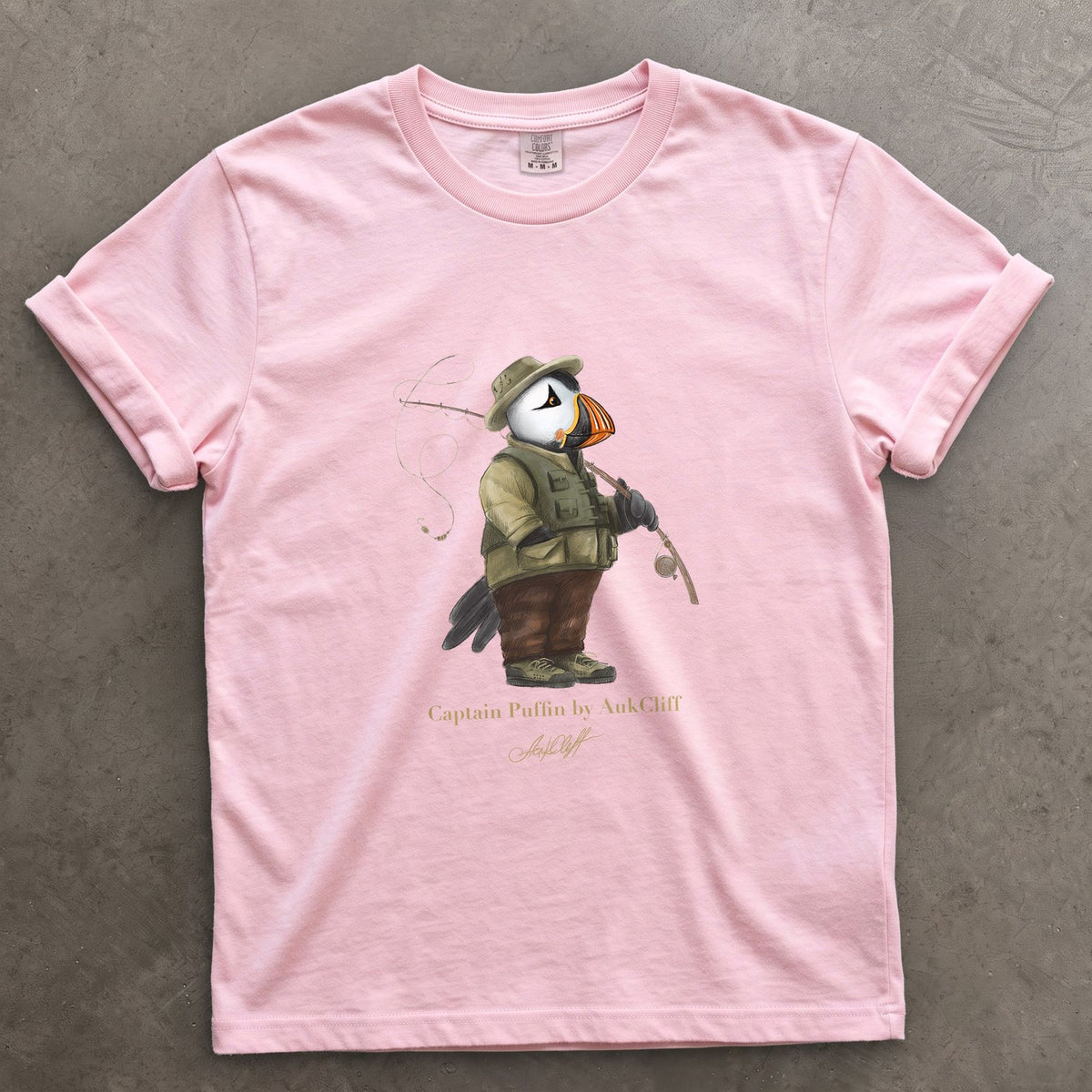 Captain Puffin Fly Fisherman on a Blossom Comfort Colors t-shirt