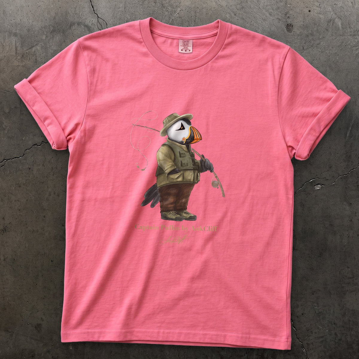 Captain Puffin Fly Fisherman on a Crunchberry Comfort Colors t-shirt