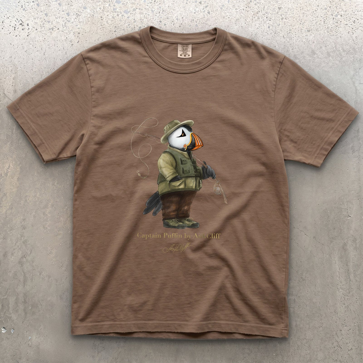 Captain Puffin Fly Fisherman on a Espresso Comfort Colors t-shirt