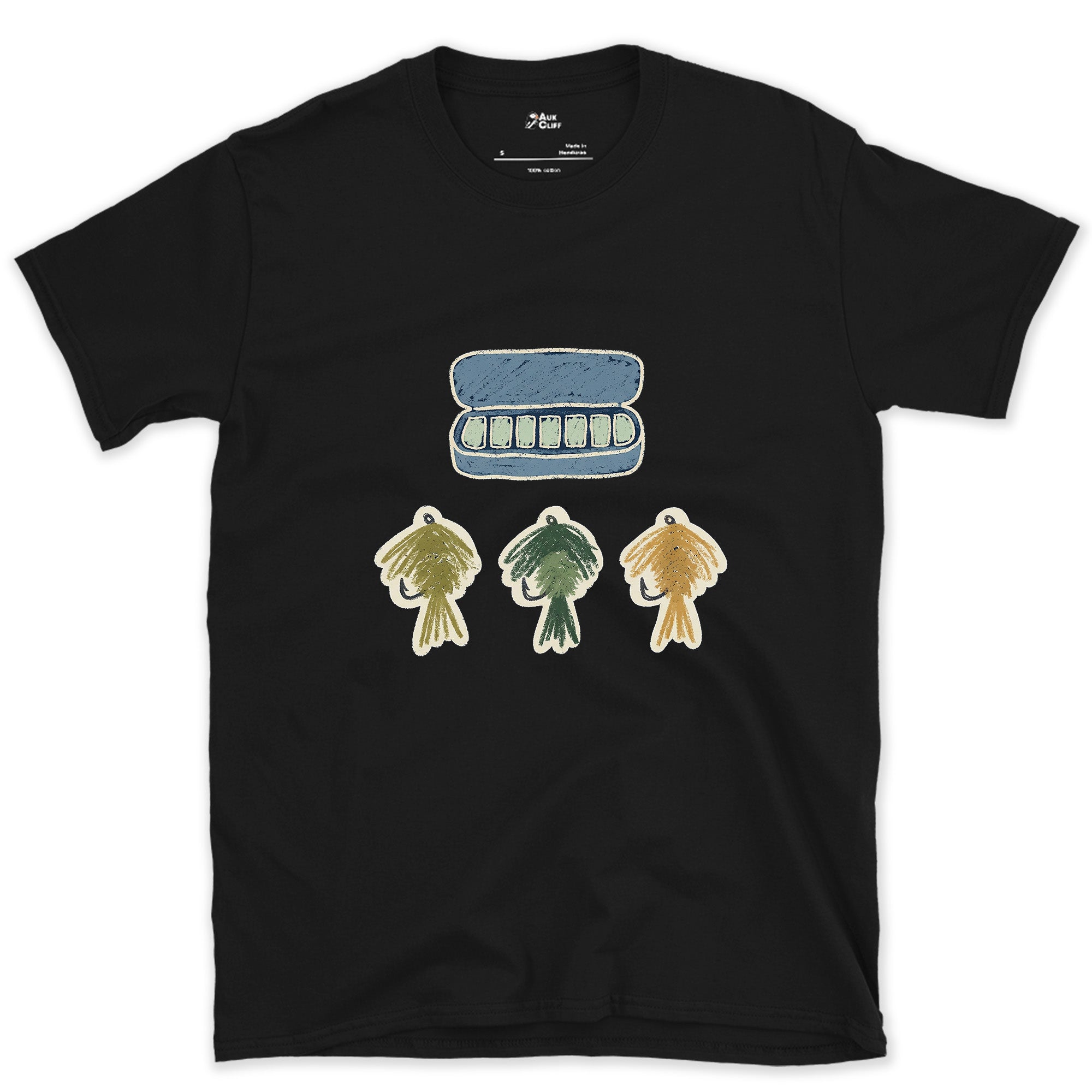 The Fly Box's Three Chosen Flies design on a Black Gildan Softstyle t-shirt