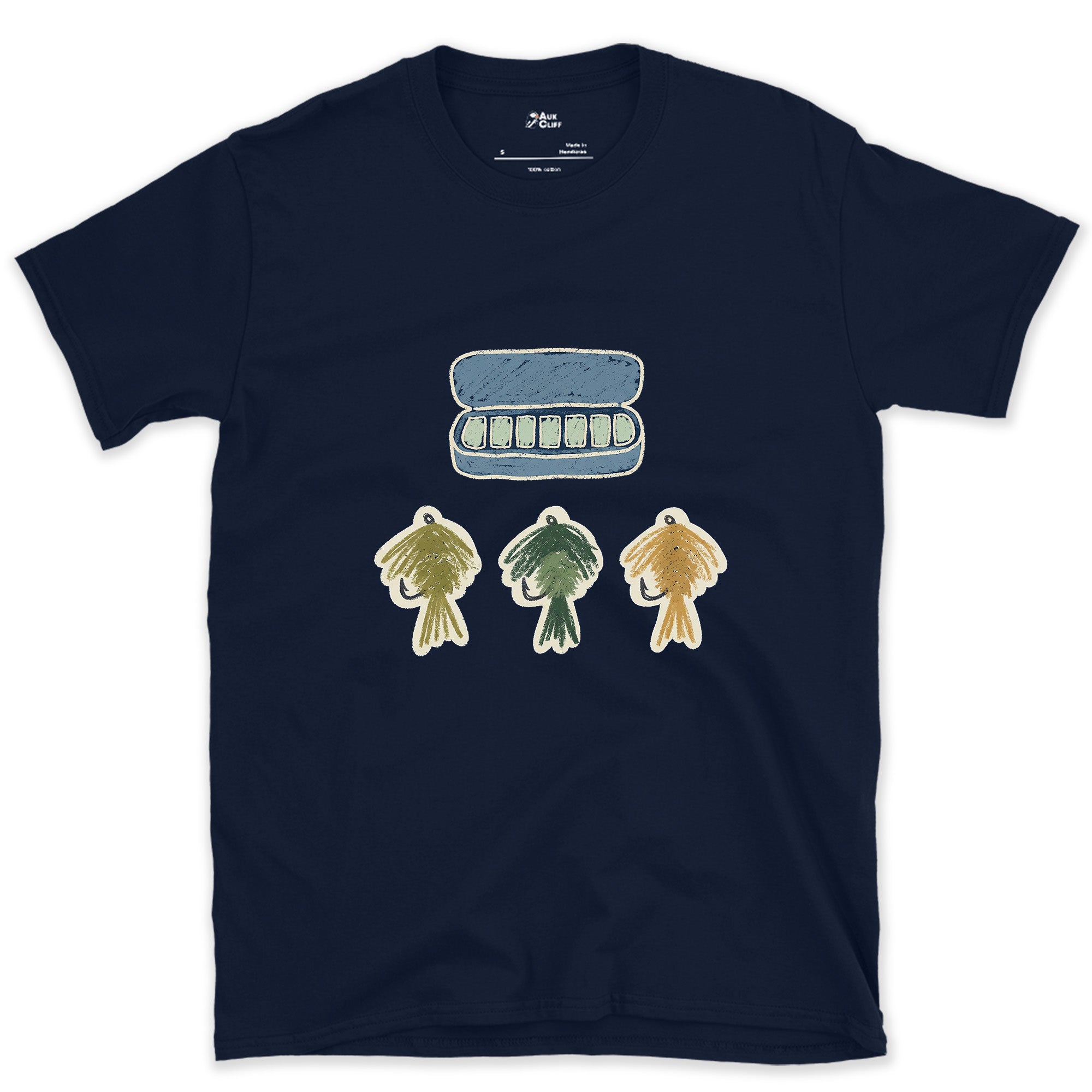 The Fly Box's Three Chosen Flies design on a Navy Gildan Softstyle t-shirt