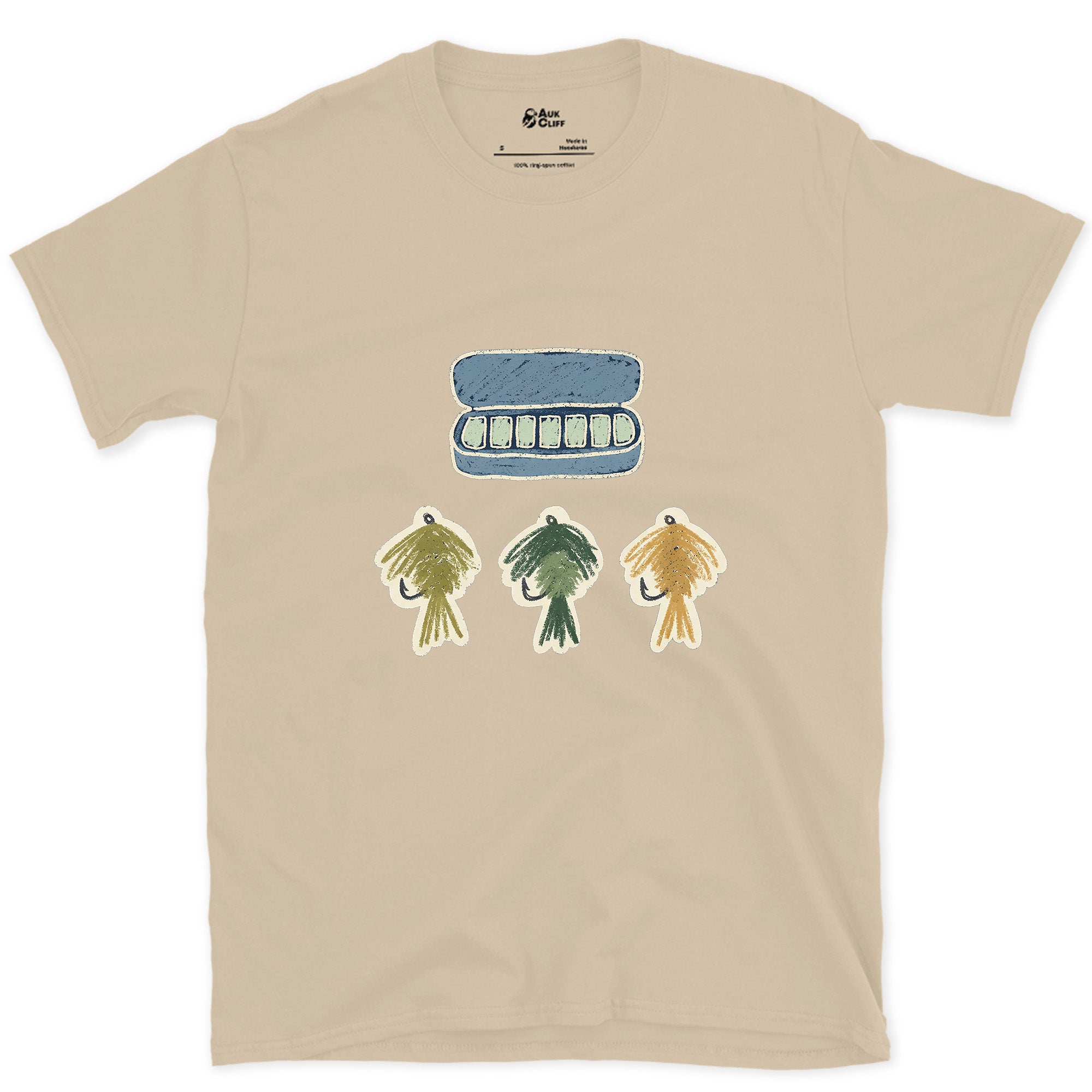 The Fly Box's Three Chosen Flies design on a Sand Gildan Softstyle t-shirt