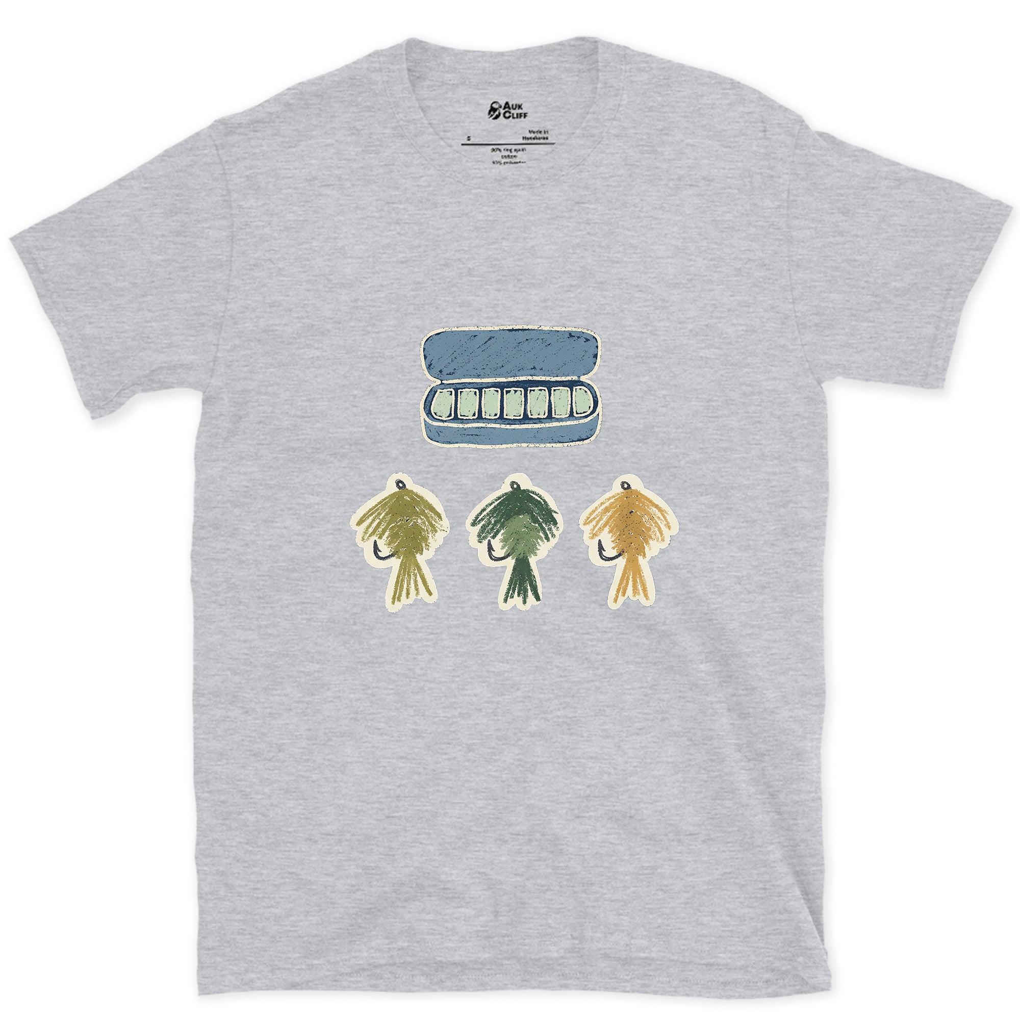 The Fly Box's Three Chosen Flies design on a Sport Grey Gildan Softstyle t-shirt