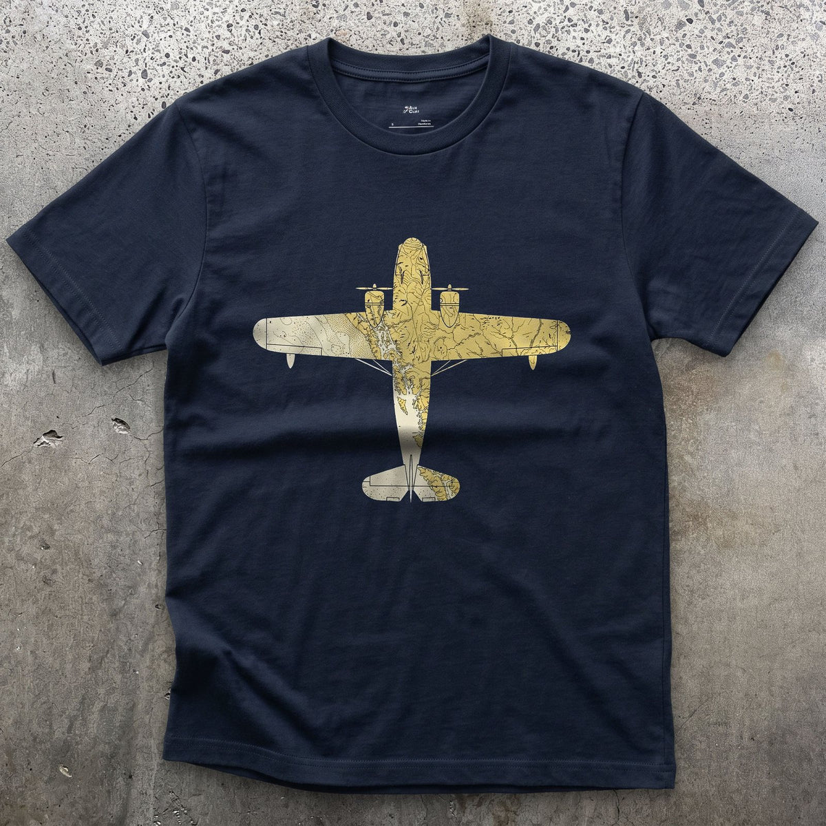 Flying Boat Chart design on a Navy Gildan Softstyle t-shirt