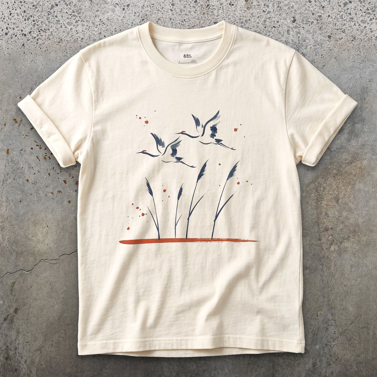 Flying Cranes and Reeds design on a Natural Gildan Softstyle t-shirt