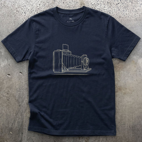Nothing Else Looks Like a Folding Bellows Camera design on a Navy Gildan Softstyle t-shirt