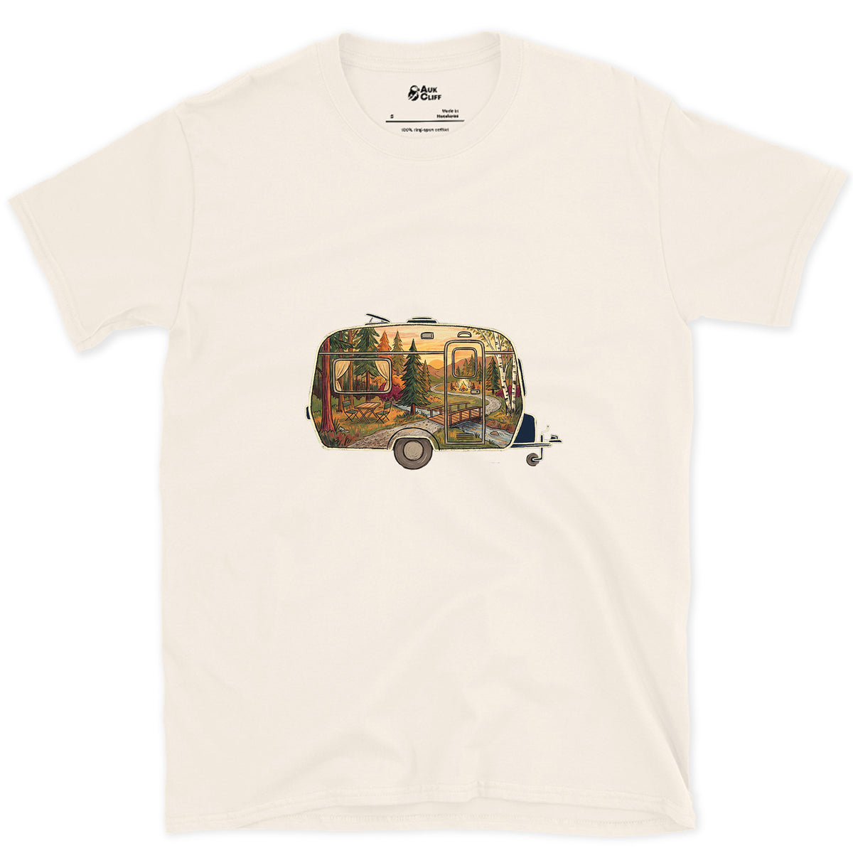 Forest Campground, Travel Caravan design on a Natural Gildan Softstyle t-shirt