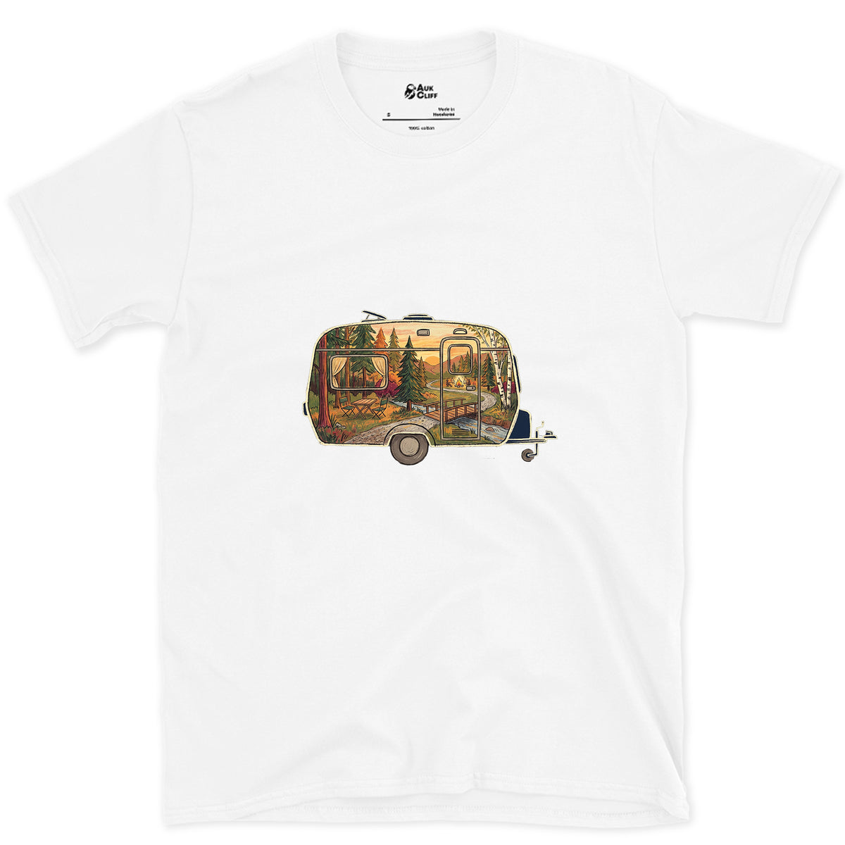 Forest Campground, Travel Caravan design on a White Gildan Softstyle t-shirt